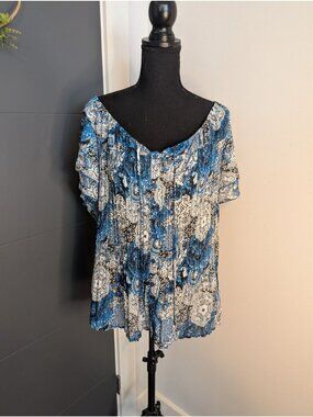 Signature By Larry‎ Levine Woman Blue & Black Paisley Button Front Blouse 1X